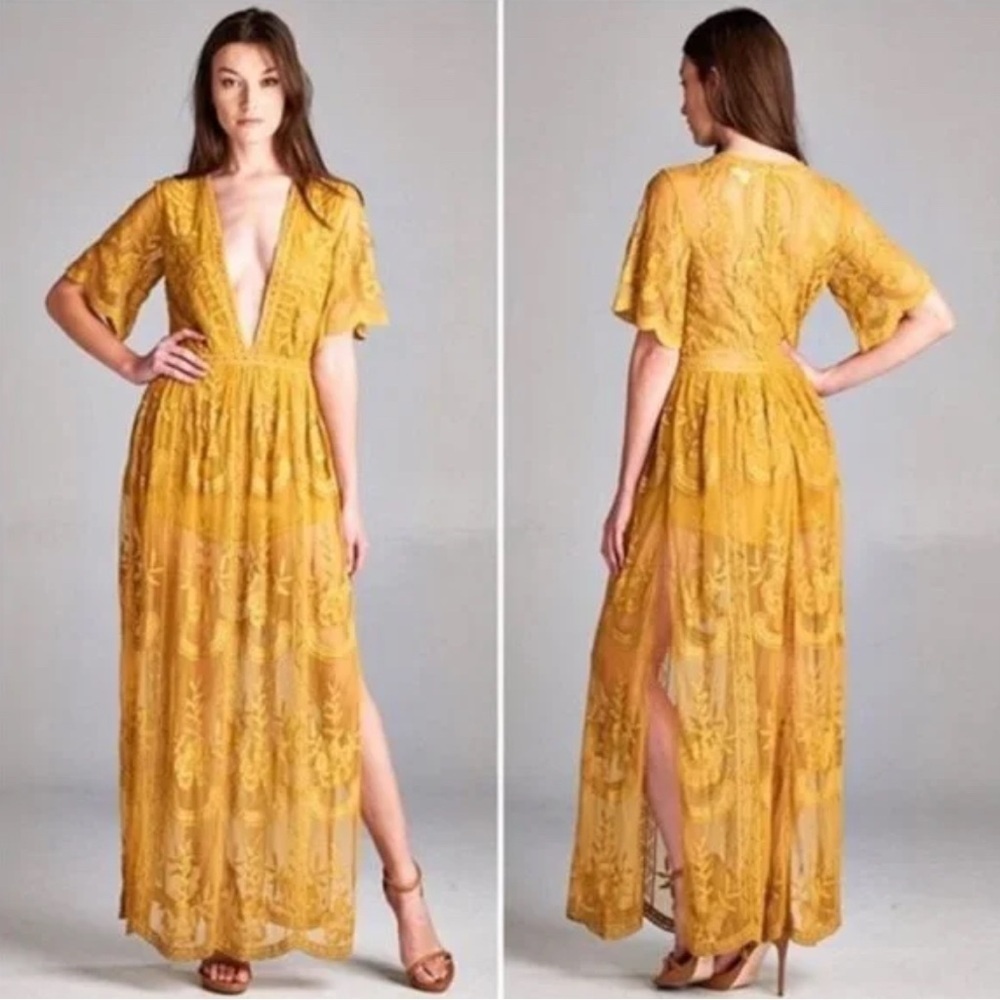Socialite Nordstrom Maxi Lace Overlay Romper in Marigold size S - Picture 2 of 4